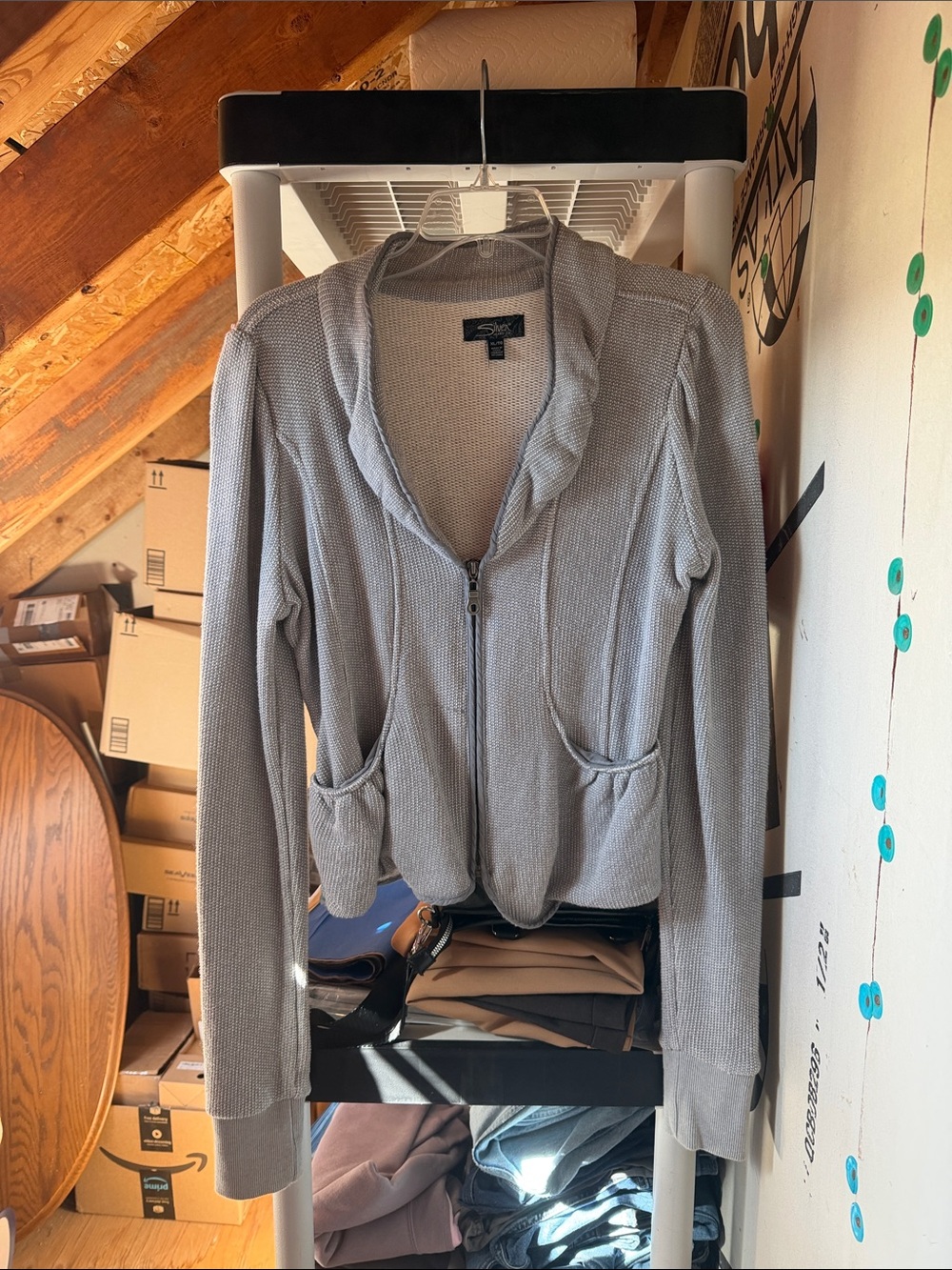 Silver Jeans Co XL  Light Gray Shawl Collar Zip-Up Knit Jacket CUTE BACK
